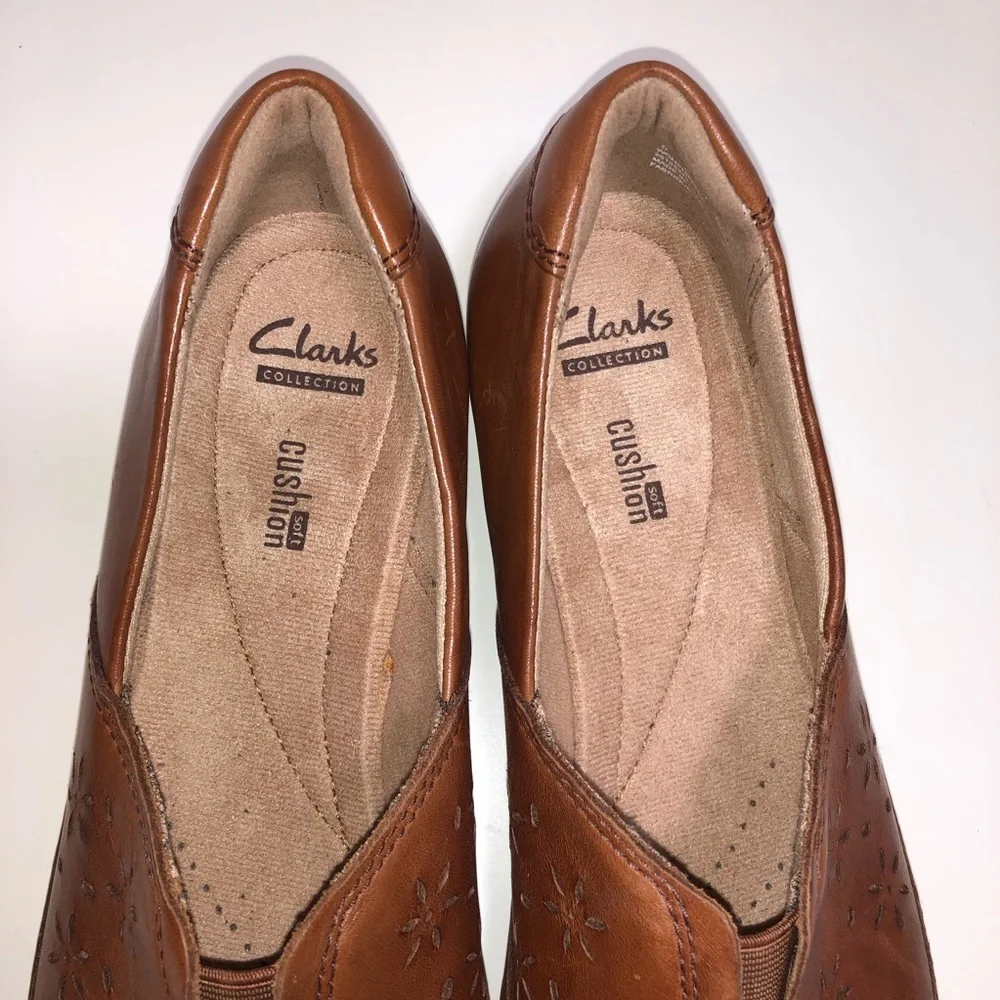 Women's Tan Leather Slip-On Flats with Floral Cutouts